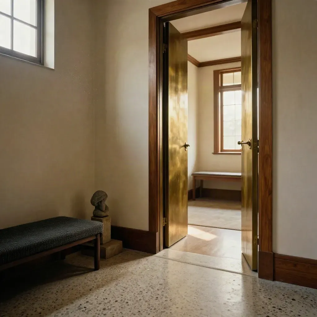 Corridoio riservato con panca rivestita, scultura illuminata e porta in ottone socchiusa.