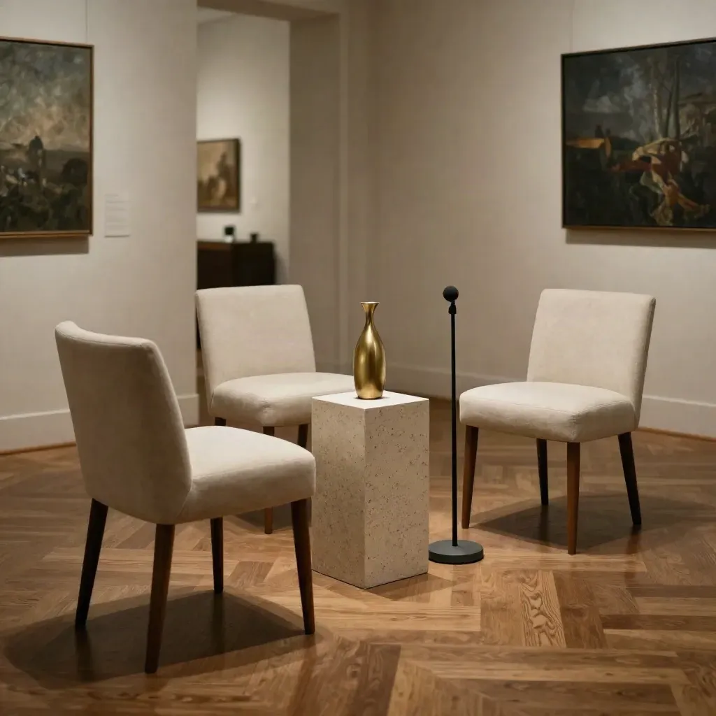 Angolo talk in galleria con tre sedie vuote, microfono e piedistallo in luce soffusa.