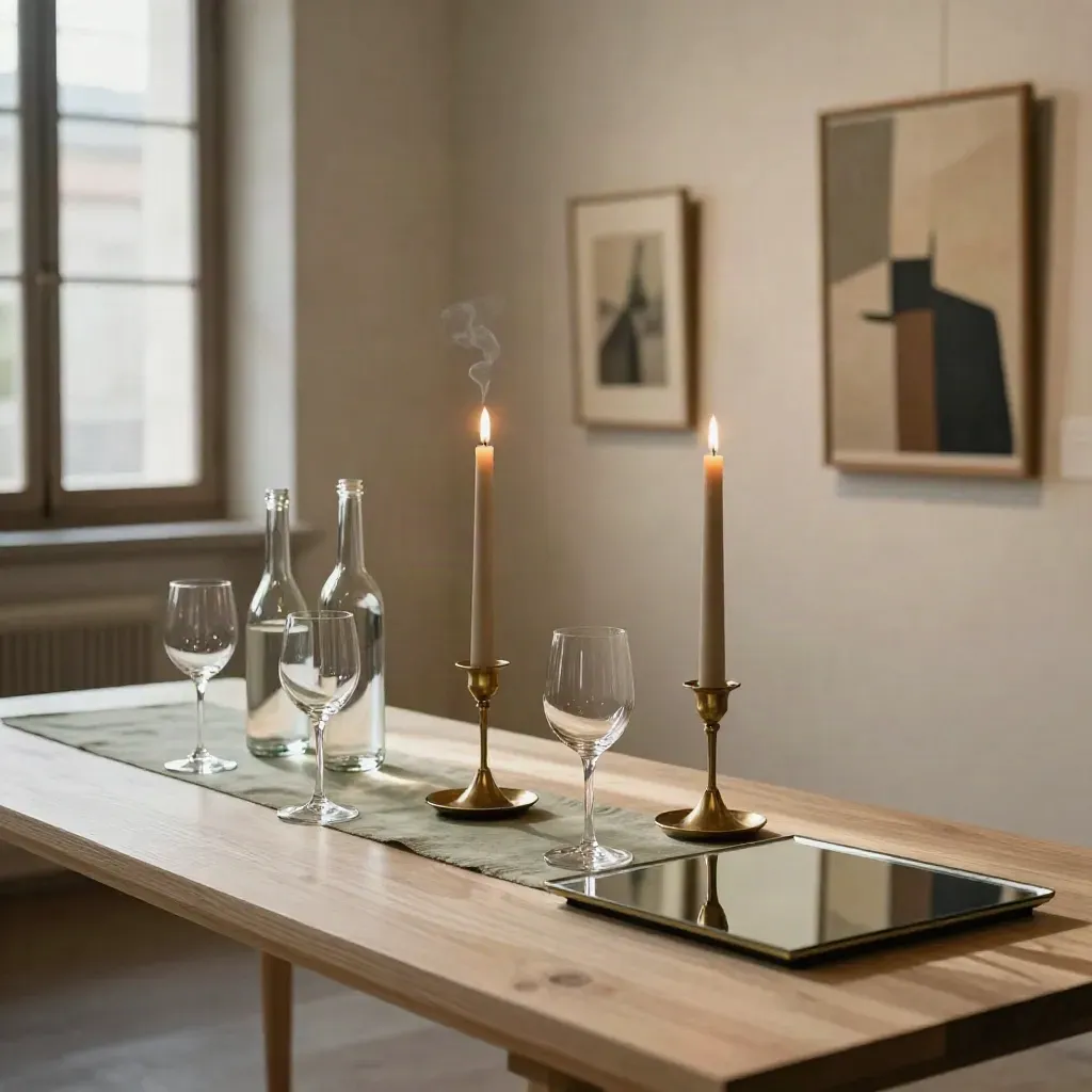 Allestimento serale in galleria con bicchieri, candele e bottiglie, opere sfocate sul fondo.