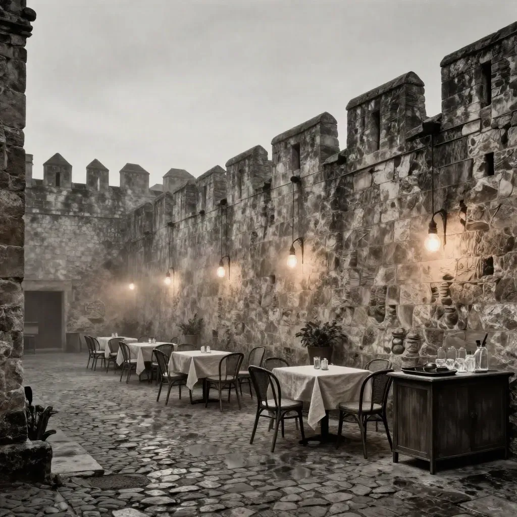Cortile medievale pronto per vernissage, sedie vuote e luci sospese nella notte.