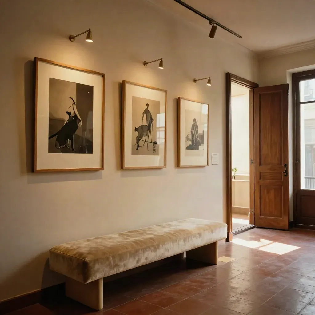 Salotto per visita privata con tre opere illuminate, panca in velluto e porta socchiusa.
