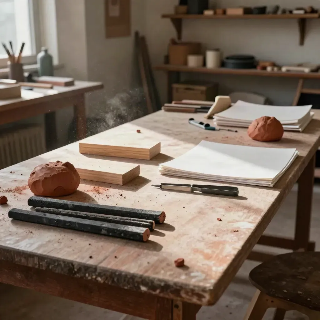 Tavolo d’atelier con argilla, carboncini, legno e taglierine in una stanza calda e luminosa