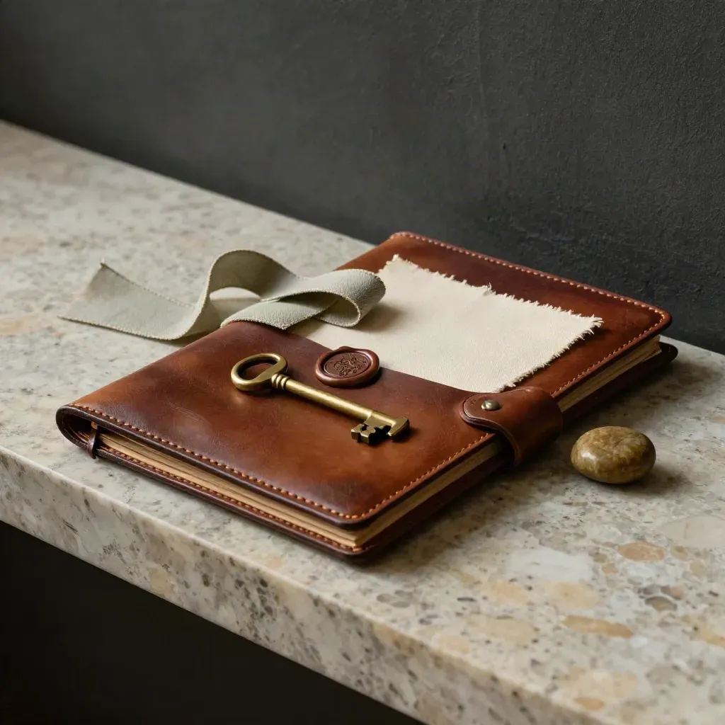 Kit per collezionisti con cartella in pelle, chiave in ottone, cera e campione di tela su pietra.