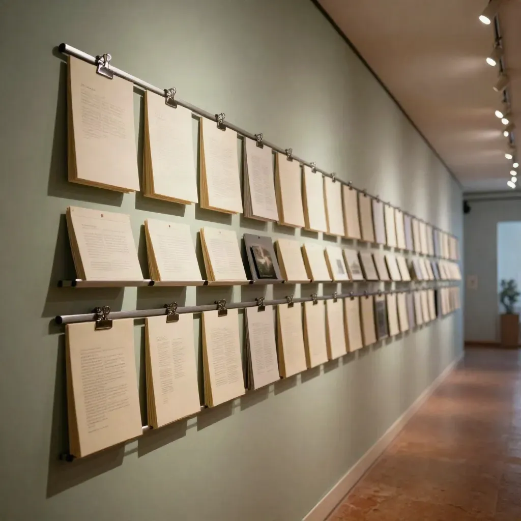 Parete della galleria con agenda stagionale, supporti metallici e corridoio in prospettiva.