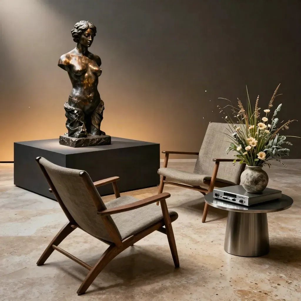 Scultura su piedistallo con sedute vuote, bouquet di campo e registratore chiuso in galleria.