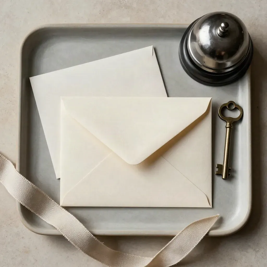 Flatlay dall'alto con busta avorio, campanello, chiave e nastro di lino su vassoio ceramico.