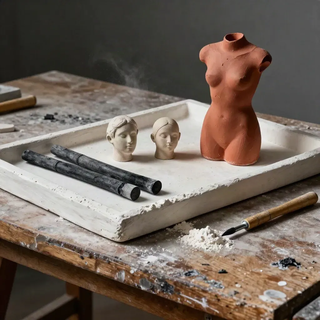 Still life di atelier con carboncini, modelli in argilla e polvere di gesso su vassoio.