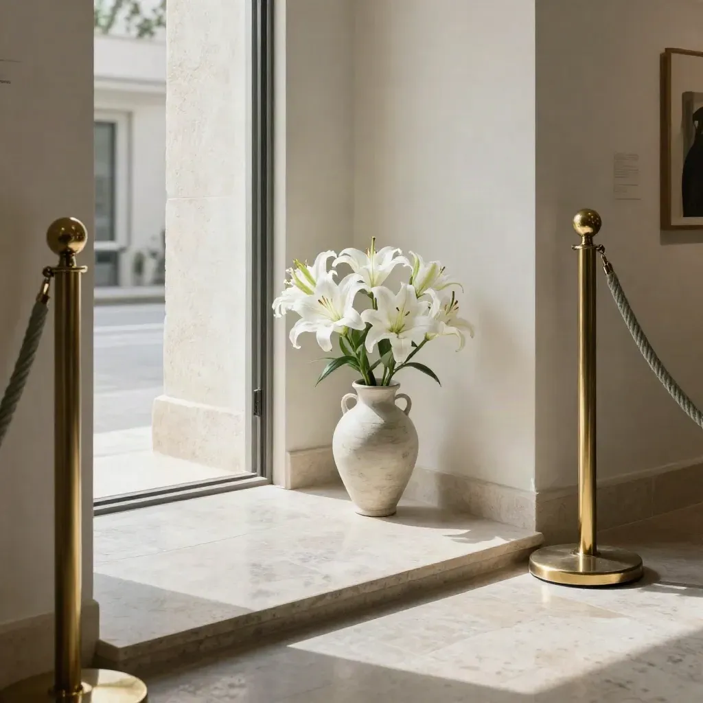 Ingresso di galleria con paletti, soglia in pietra e vaso di gigli bianchi in luce morbida.