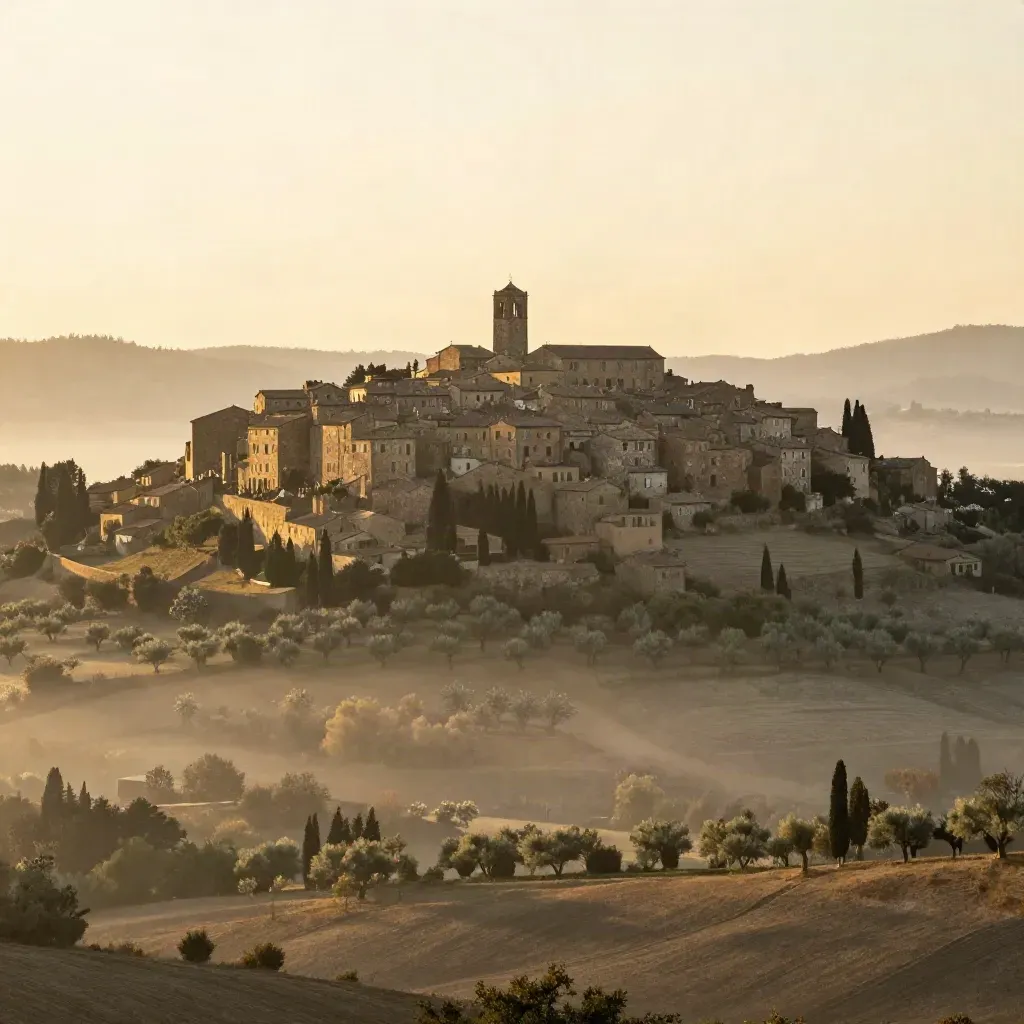 Borgo di Capalbio su collina tra cipressi e oliveti nella nebbia dell’alba.