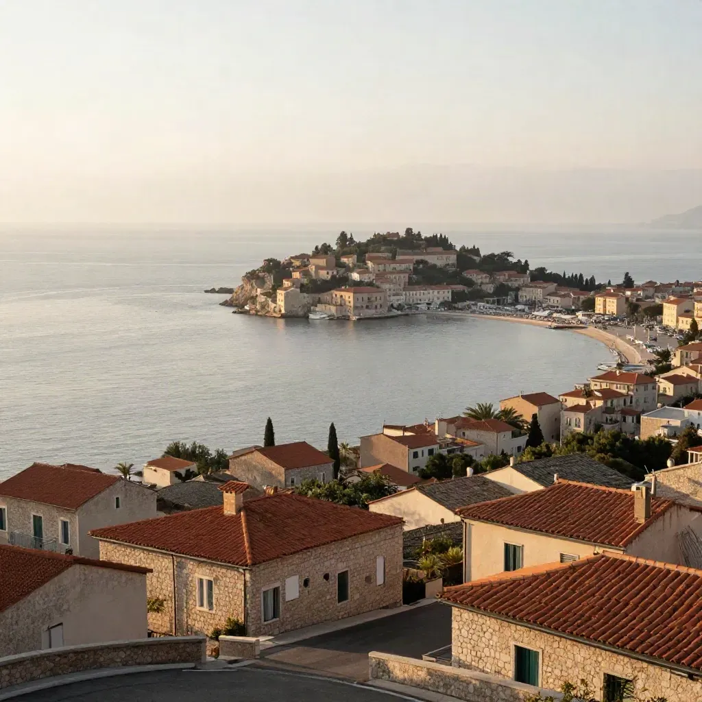 Veduta alta della Costa d’Argento con porto, promontorio e mare calmo in luce calda